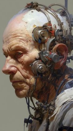 an old man with headphones and wires on it's face, looking to the side