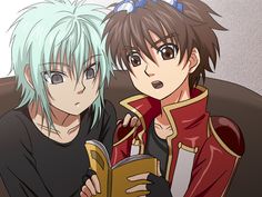 two anime characters sitting next to each other with blue hair and green eyes, one holding an open book