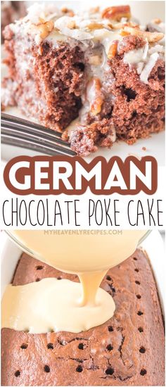 german chocolate poke cake with white frosting on top