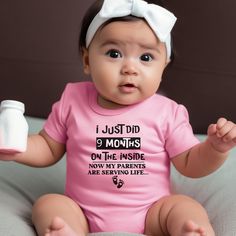 Funny "I Just Did 9 Months on the inside" Baby Bodysuit is the perfect baby shower or new mom gift!  Also a great going-home outfit for your newborn! Short Sleeve Bodysuit: This is made with the 4424 Rabbit Skin Bodysuit.  Baby clothing needs to be both durable and soft. With the infant fine jersey bodysuit, youths get just that. The fabric is 100% cotton for solid colors. For heather colors, polyester is included. There are seams along the sides of this product. All bindings are made with ribbe Going Home Outfit For Baby, Clothing Needs, Going Home Outfit, New Mom Gift, Perfect Baby Shower, Baby Needs, Baby Outfit, Short Sleeve Bodysuit