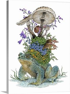 a frog sitting on top of a plant with mushrooms and other things in it's back