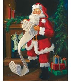 a painting of santa holding a sheet of paper