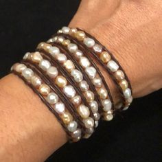 This Is A 32” Wrap Bracelet With Brown Leather Chord. 4mm Fancy Pearl Beads. Elegant Multicolor Hand Wrapped Wrap Bracelet, Elegant Multicolor Wrap Bracelet With Round Beads, Elegant Brown Beaded Wrap Bracelet, Pearl Beads, Womens Jewelry Bracelets, Wrap Bracelet, Brown Leather, Womens Sizes, Women Jewelry