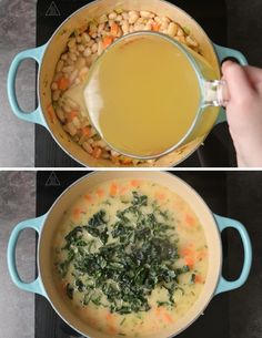 two pictures showing the process of making soup with beans and spinach in a pot