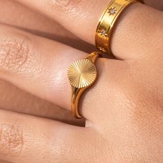 18K Gold-Plated Stainless Steel Nickel-Free Lead-Free Hypoallergenic Water Resistant Gold Ring Jewelry, Sunburst Ring, Necklace Extender, Gold Piece, Ring Size Guide, Summer Jewelry, Ring Gold, Ring Jewelry, Jewelry Care