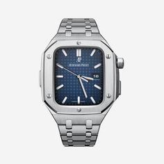 The AP Case draws inspiration from the timeless design of traditional Swiss luxury watches that never go out of style. It is crafted from the most durable stainless steel alloy and designed for maximum comfort and flexibility on your wrist. When you purchase from us, you will receive the most iconic Luxury Watch Dials to install on your smartwatch, switching up the game! Modern Blue Rectangular Apple Watch Band, Modern Blue Rectangular Watch Accessories, Digital Crown, Swiss Luxury Watches, Swiss Luxury, Premium Watches, Apple Watch Case, Black Apple, Apple Watch Accessories