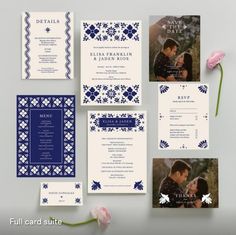 the wedding stationery is laid out on top of each other