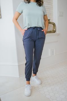 Stay stylish and comfortable in these women's athletic jogger pants. Perfect for errands or casual outings, these pants offer versatility for every day. Color: blue Material: nylon, polyester Fit: runs small, size up Sports Wear Womens Casual, Navy Blue Joggers Outfit Women, Blue Joggers Outfit Women, Sporty Office Outfit, Athletic Joggers Outfit, Joggers Outfit Women Casual, Pt Aesthetic, Therapy Outfits, Outfits For 30 Somethings