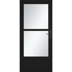 a black door with two glass panels and a metal handle on the front side,