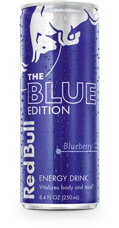 a can of red bull energy drink on a white background with the words blue edition