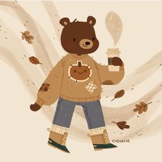 a teddy bear holding a cup of coffee in his hand while walking through the leaves