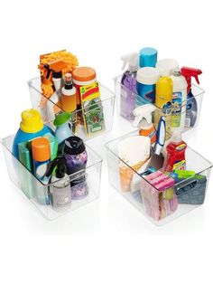 three clear containers filled with different types of cleaning products