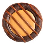 an oreo cookie with chocolate and caramel on it's top, in the shape of a pie