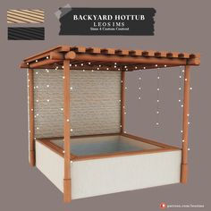 the backyard hot tub is made out of wood and has an ice chest underneath it