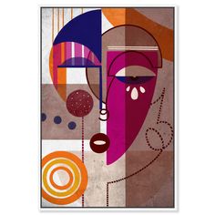 an abstract painting with various colors and shapes on the wall, including a woman's face