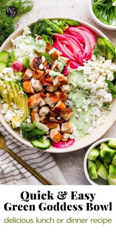 a bowl filled with chicken, vegetables and rice