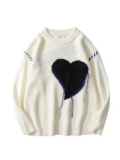 Colorblock Heart Oversized Unisex Knit Sweater - AnotherChill Couples Sweaters, Pull Oversize, Embroidery Sweater, Streetwear Mode, Graphic Sweaters, Heart Sweater, 90s Grunge, Embroidered Sweater, Vintage Casual