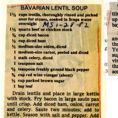 an old recipe for bavara lentil soup