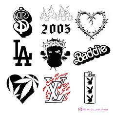 various tattoos and designs on a white background