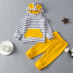 Toddler kids' hooded casual striped sports long-sleeved set - PrettyKid Sporty White Hooded Set, Yellow Long Sleeve Winter Sets, Sporty White Long Sleeve Set, White Hooded Sets For Spring, Baby Girl Clothes Winter, Winter Outfits For Girls, Baby Boy Clothing Sets, Top And Pants Set