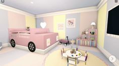 a child's bedroom decorated in pastel pink and yellow with a car bed