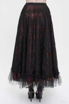 The Isabella Skirt A gorgeous long maxi skirt with ethereal sheer black lace layers over a deep red satin fabric. Period drama elegance meets dreamy steampunk glamor. A comfortable elastic waist stretches to fit. Size XS-S M-L XL-2XL 3XL-4XL Waist 24.4"/62cm 28.3"/72cm 32.3"/82cm 36.2"/92cm Length 38.9"/99cm 39.8"/101cm 40.6"/103cm 41.3"/105cm Wine Red Skirt, Red Satin Fabric, Gothic Skirt, Red Gothic, Gothic Lace, Rock Style Clothing, Garment Details, Rock Outfit, Lace Layers