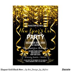 new year's eve party with gold confetti and streamers on black background