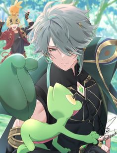 an anime character holding a frog in front of another character with other characters behind him