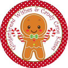 a red and white polka doted circle with a gingerbread character on it's side