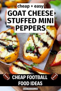 two stuffed mini peppers with text overlay reading cheap and easy goat cheese stuffed mini peppers