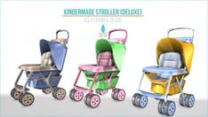 three different colored strollers are shown in this image, one has a seat and the other is a buggy