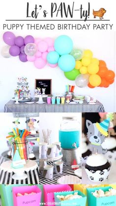 a birthday party with balloons, cupcakes and other items for the dessert table