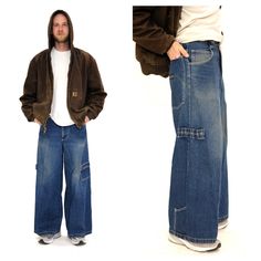 Vintage 1990s wide leg skater rave jeans. Features wide leg style, 30 inch bottoms with stirrups, button waist, zip fly, neon green stitching accent at back, side pockets, cargo pocket, loops, and large back pockets with logo patch and green accent stitching.  Heavyweight deep blue denim with slight stretch.  Excellent vintage condition.  Tag says: GAT, size 30  Waist: 30 inches Hip: 44 Length: 43 inches Inseam: 29 inches Vintage Wide Leg Cargo Jeans For Streetwear, 90s Style Flare Jeans With Pockets For Streetwear, Streetwear Full-length Jeans With Zip Fly, 90s Wide Leg Cargo Jeans, Vintage Full-length Cargo Jeans For Streetwear, 90s Style Wide Leg Cargo Jeans, Vintage Full Length Cargo Jeans For Streetwear, 90s Style Dark Wash Wide Leg Pants, 90s Style Wide Leg Dark Wash Pants