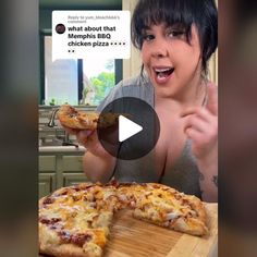 a woman holding a piece of pizza in front of her face with the caption, what about that mememis bbq chicken pizza?