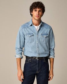 J.Crew: Midweight Denim Western Shirt For Men Medium Wash Slim Fit Button-up Shirt, Classic Fitted Washed Blue Shirt, Fitted Denim Shirt With Button Closure, Medium Wash Slim Fit Shirt For Spring, Classic Fitted Shirt In Medium Wash, Classic Light Wash Shirt For Fall, Classic Fitted Medium Wash Shirt, Spring Slim Fit Medium Wash Shirt, Western Style Relaxed Fit Medium Wash Tops