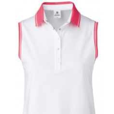 The Milia Sleeveless Polo Shirt Is Designed For The Woman Who Wants To Look Classic On The Golf Course And Loves A Relaxed Fit. A Sleeveless Polo Shirt That Can Easily Be Combined With A Pair Of Lyric Pants. The Shirt Is Made Of Our Breathable, Moisture-Wicking Quick Dry Material. Details: Sleeveless Self-Collar Snap Button Placket Technical Stretch Quick Dry Straight Hem Relaxed Fit Color: Fruit Punch Fabric And Care Instructions: 88% Polyester / 12% Elastane. Quick Dry. Care: Machine Wash, Col White Moisture-wicking Tank Top, Pink Sleeveless Sportswear Top, White Sleeveless Workout Tops, White Moisture-wicking Sports Vest, White Sleeveless Sports Tops, Sporty White Vest For Summer, White Moisture-wicking Vest In Athleisure Style, Sporty Fitted White Vest, White Sleeveless Sports Vest