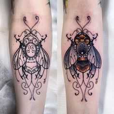 two tattoos on the legs of people, one with a bee and another with a dog