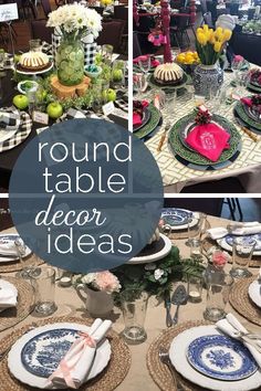 round table decorated with blue and white plates, napkins and flowers on the tables