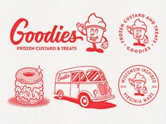 the logos for goodies, frozen custard and treats are red on white