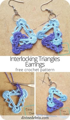 the instructions for crochet earrings are shown in three different pictures, one is blue and