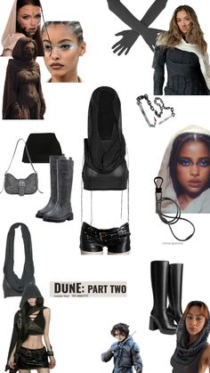 a collage of photos with different types of clothing and accessories on it, including boots