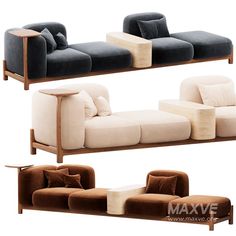 three different types of couches with pillows on each one and the other side by side