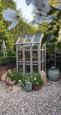 there is a small greenhouse in the garden