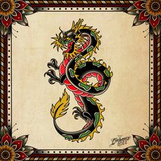 Japanese Tattoo Art Traditional Dragon, Tradition Dragon Tattoo, Old School Dragon Tattoo Designs, Dragon Tattoo Traditional Old School, American Traditional Dragon Tattoo Flash, Traditional Style Dragon Tattoo, Traditional Dragon Tattoo Design