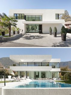 two pictures of a modern house with pool in the foreground and palm trees on the other side