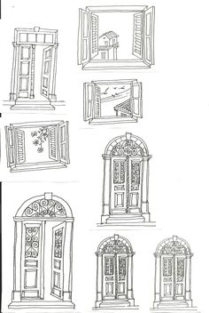 four different types of windows drawn in black and white