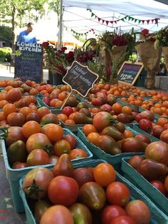 many different types of tomatoes on display at an outdoor market