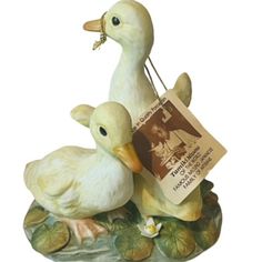 two white ducks sitting next to each other on top of water lilies with a tag in their beak