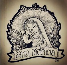 a black and white drawing of a woman holding her hands to her face with the words santa felicecia on it