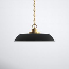 a black and gold pendant light hanging from a metal chain on a white wall background